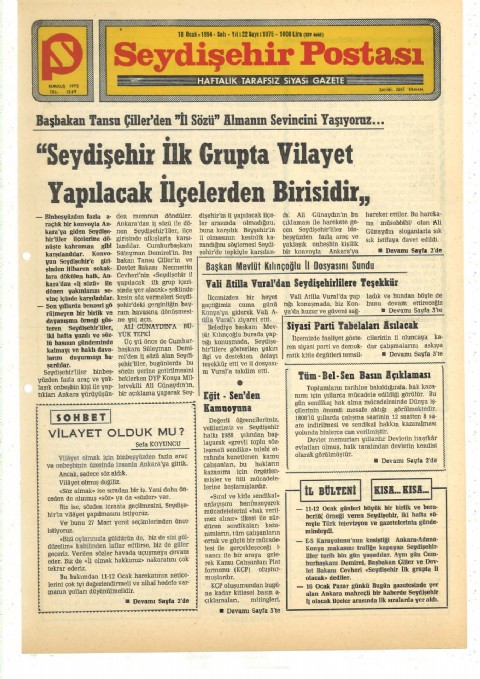 SOHBET I VİLAYET OLDUK MU? - Seydişehir Postası - 18 Ocak 1994