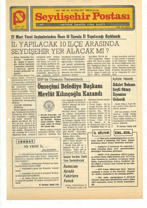 10 YENİ İL - Seydişehir Postası - 01 Şubat 1994