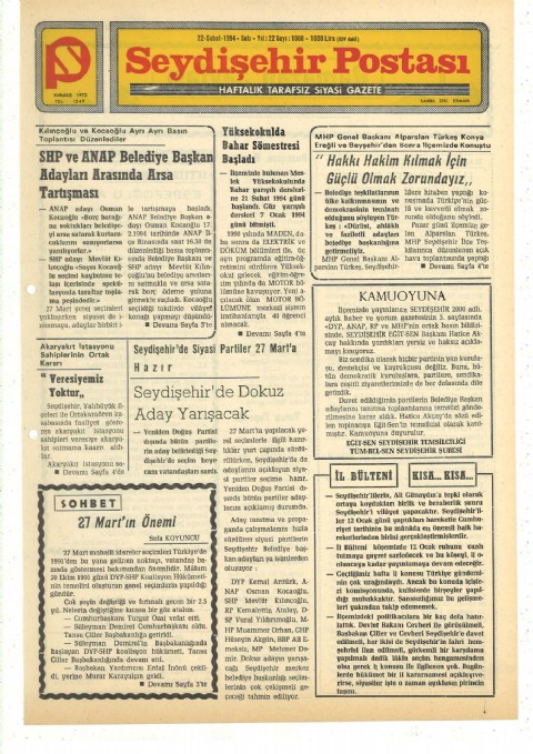 27 MART’IN ÖNEMİ - Seydişehir Postası - 22 Şubat 1994