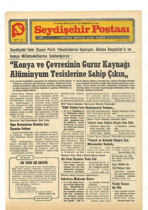 Ek Tesis İşi Kritik - Seydişehir Postası I 1990