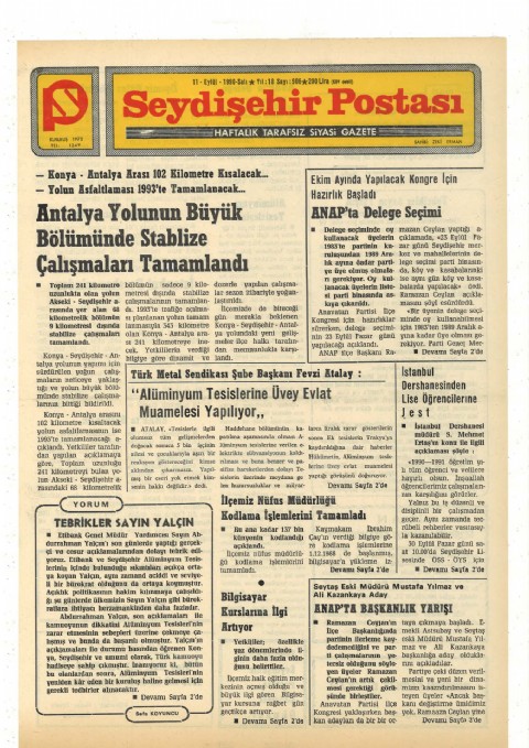 Tebrikler Sayın Yalçın - Seydişehir Postası I 1990